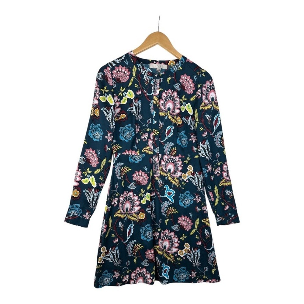 Ann Taylor Loft Green Floral Paisley A-Line Knee Length Long Sleeve Dress Size 0
